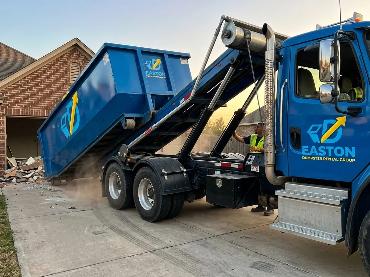 Roofing dumpster rental in Easton, PA Roll-off dumpster on a driveway ready for a roofing tear-off in Easton, PA