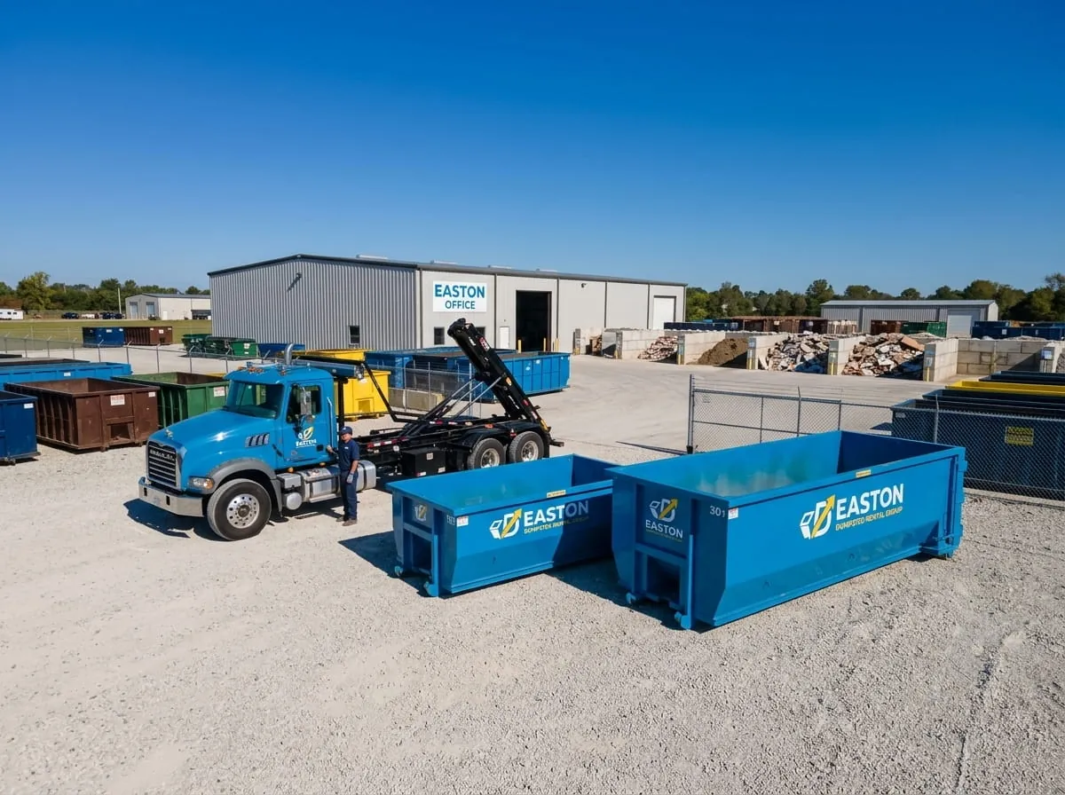 Roll-off construction dumpster being loaded onto a Easton Dumpster Rental Group truck